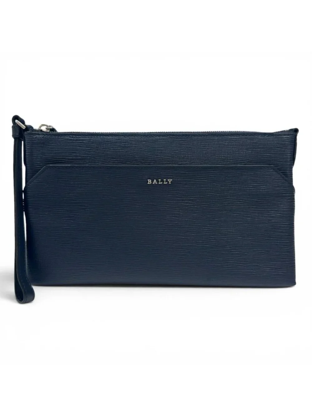 Bvlgari Bally Leddon Logo Leather Clutch Navy Silver